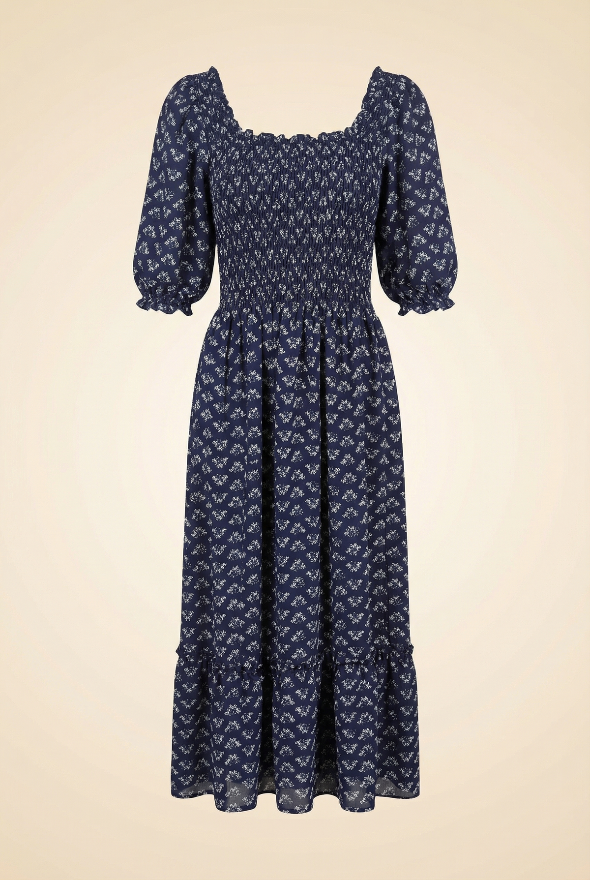 The Louisa Nap Dress Blue Posy Navy Crepe Floral Puff Sleeve