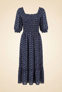 The Louisa Nap Dress Blue Posy Navy Crepe Floral Puff Sleeve