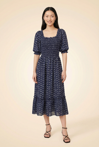 The Louisa Nap Dress Blue Posy Navy Crepe Floral Puff Sleeve