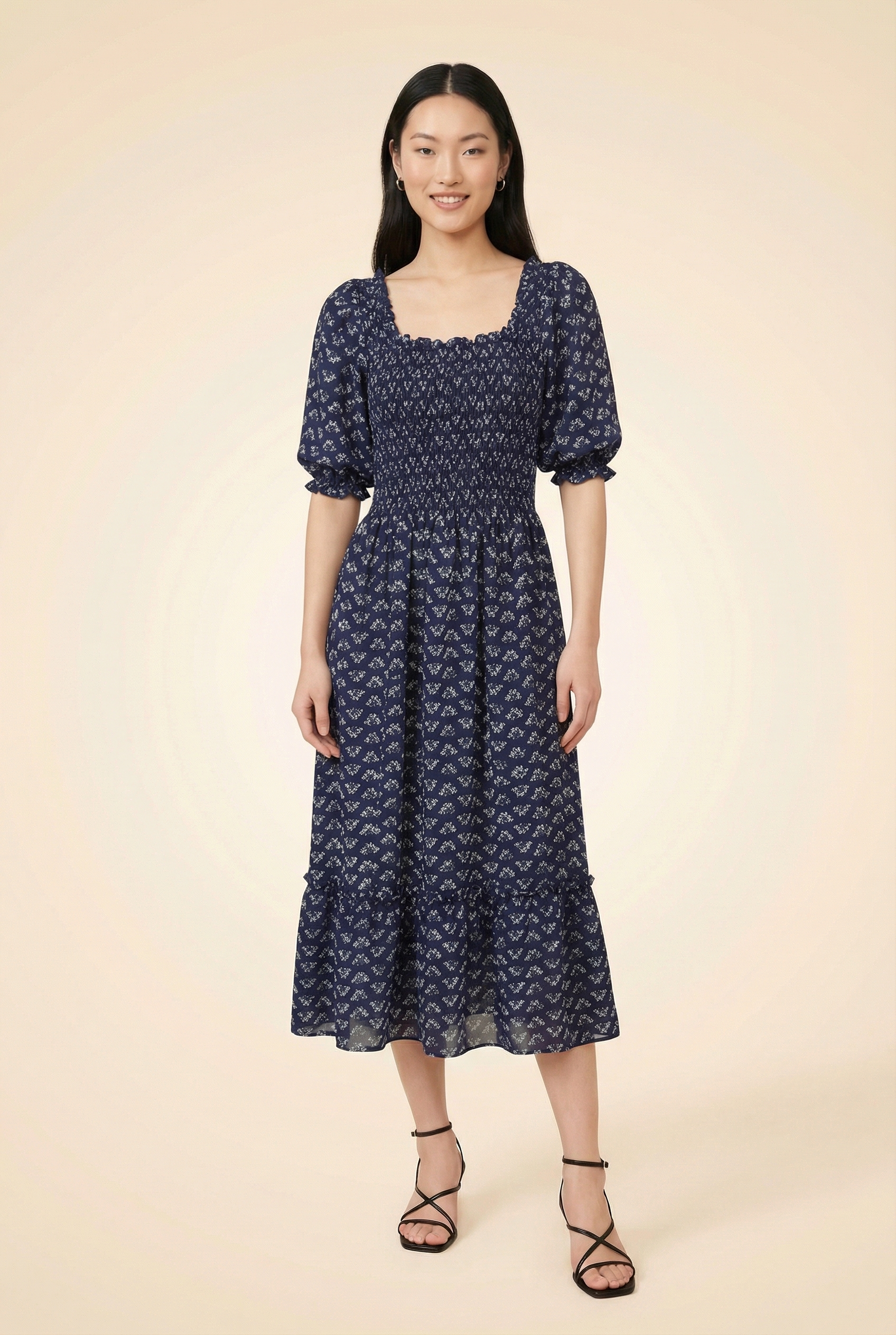 The Louisa Nap Dress Blue Posy Navy Crepe Floral Puff Sleeve