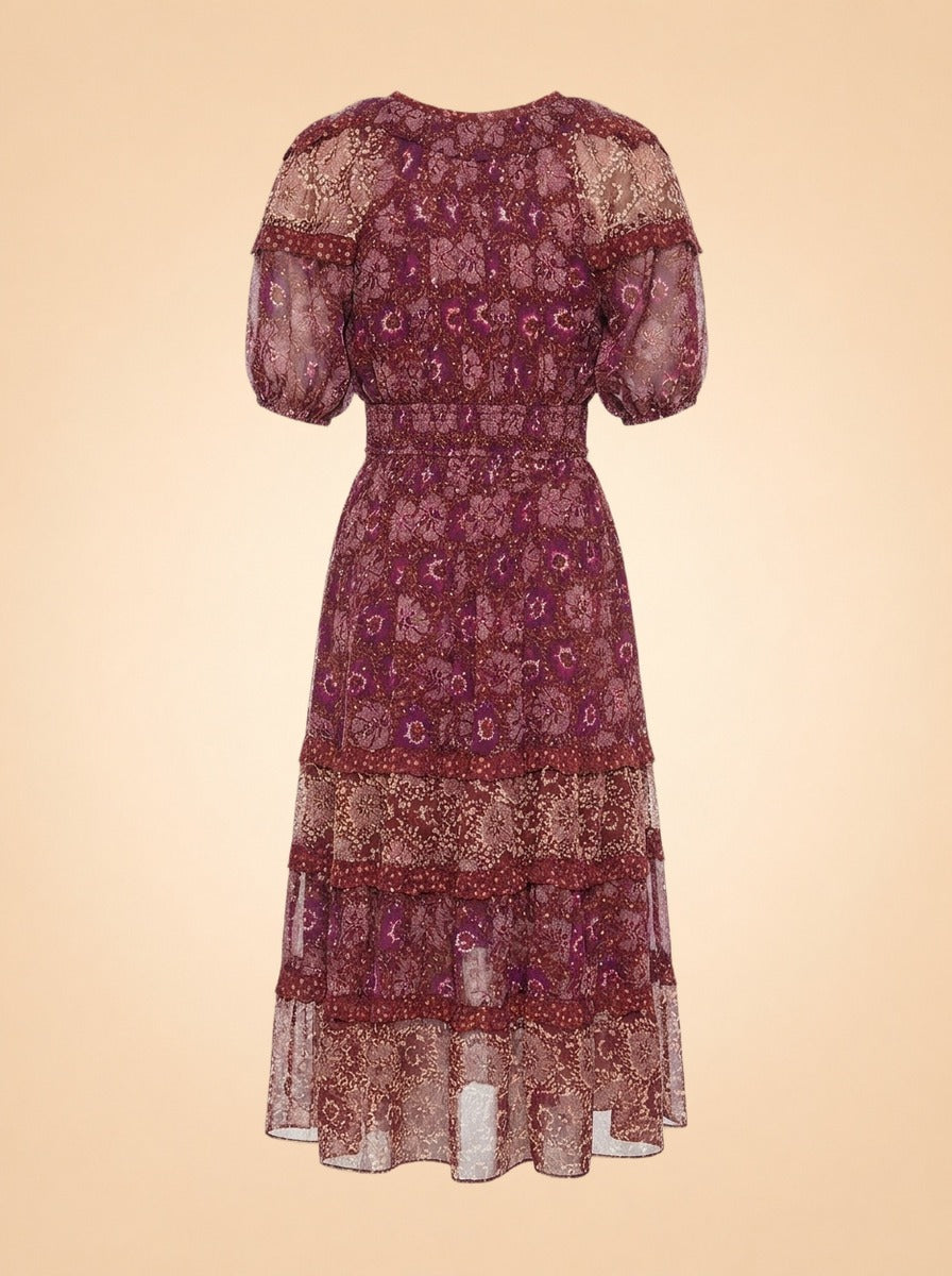 Naysa Tiered Printed Fil Coupé Silk and Lurex-Blend Midi Dress