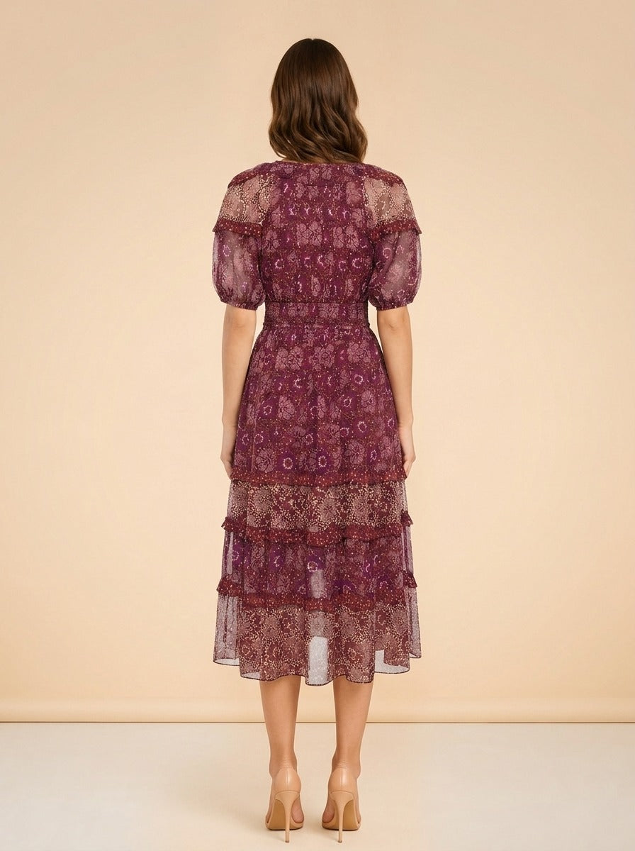 Naysa Tiered Printed Fil Coupé Silk and Lurex-Blend Midi Dress