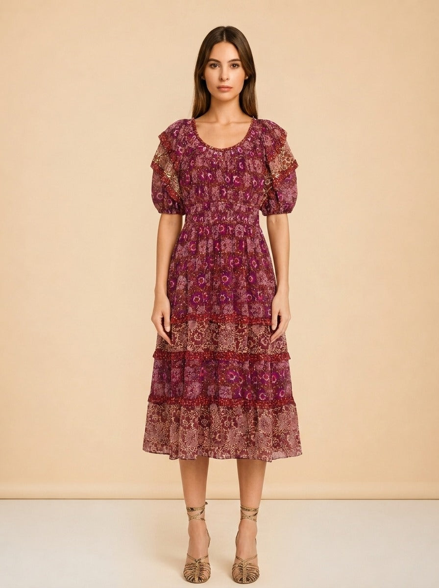 Naysa Tiered Printed Fil Coupé Silk and Lurex-Blend Midi Dress