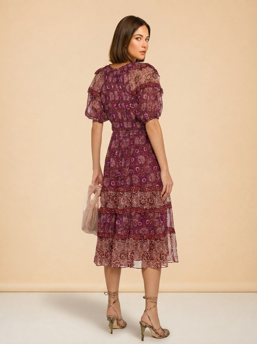 Naysa Tiered Printed Fil Coupé Silk and Lurex-Blend Midi Dress