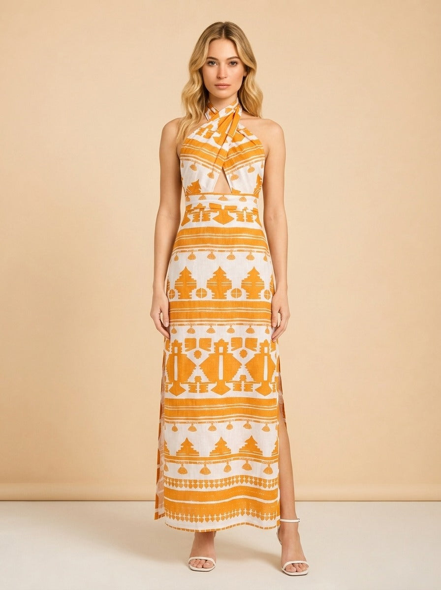 Net Sustain Facundo Manana Soleada Printed Organic Linen Maxi Dress model_front