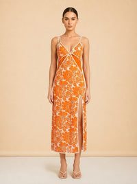 Alexis Orange & White Floral Slip Dress — on model, front
