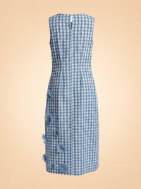 Origami Ginham Print Poplin Round Neck Sleeveless 3D Flower Dress ghost_back