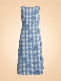 Origami Ginham Print Poplin Round Neck Sleeveless 3D Flower Dress ghost_front