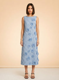 Origami Ginham Print Poplin Round Neck Sleeveless 3D Flower Dress model_front