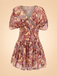 A.L.C. Peach/Coral Abstract Puff-Sleeve Dress — front