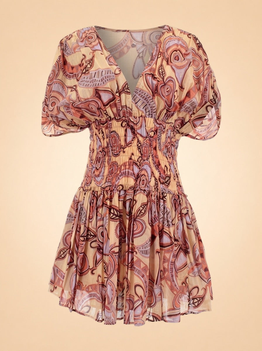 A.L.C. Peach/Coral Abstract Puff-Sleeve Dress — front