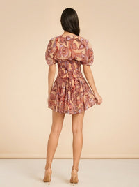 A.L.C. Peach/Coral Abstract Puff-Sleeve Dress — on model, back