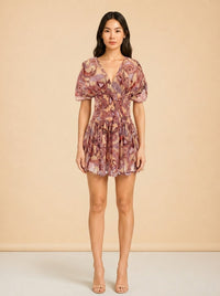 A.L.C. Peach/Coral Abstract Puff-Sleeve Dress — on model, front
