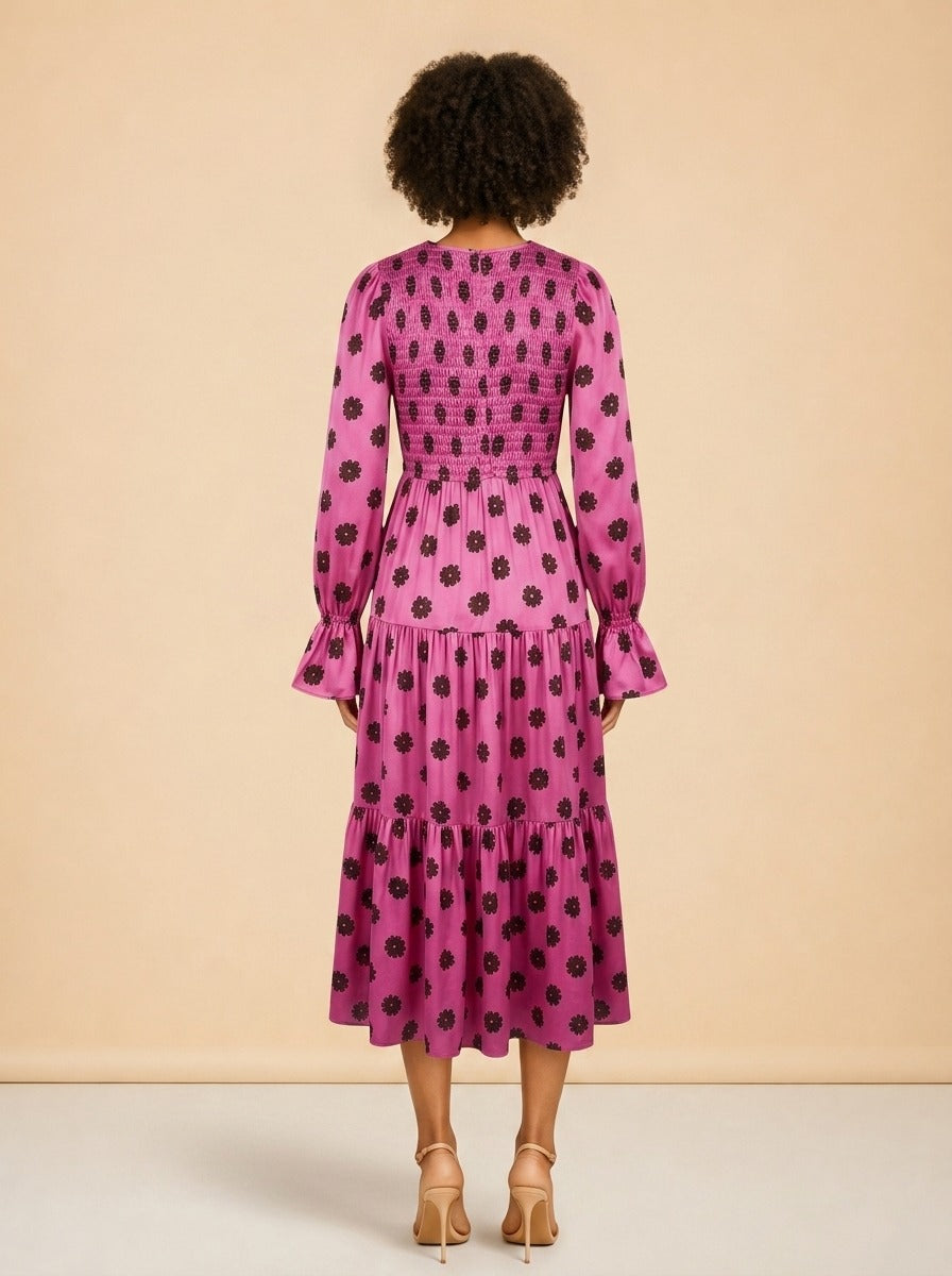 Petra Pink Retro Floral Shirred Dress model_back