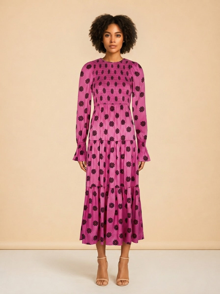 Petra Pink Retro Floral Shirred Dress model_front