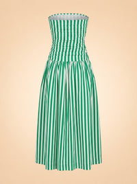 RHODE Pia Dress (green/white stripe, ruched strapless) — back