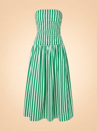 RHODE Pia Dress (green/white stripe, ruched strapless) — front