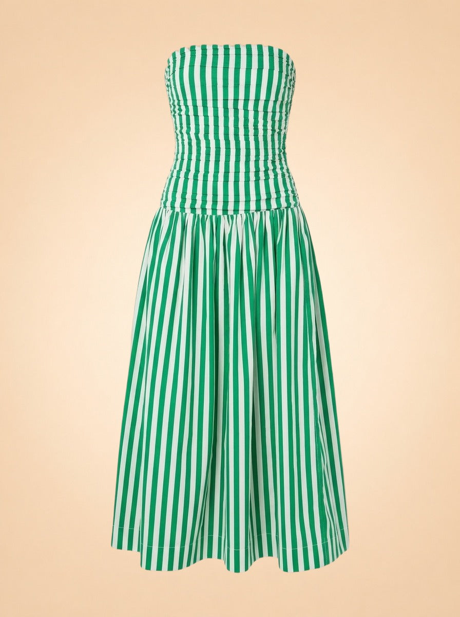 RHODE Pia Dress (green/white stripe, ruched strapless) — front