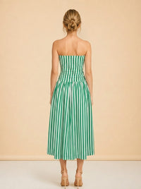 RHODE Pia Dress (green/white stripe, ruched strapless) — on model, back