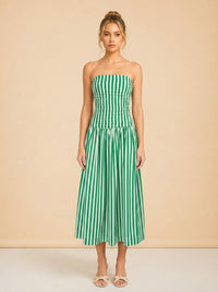 RHODE Pia Dress (green/white stripe, ruched strapless) — on model, front
