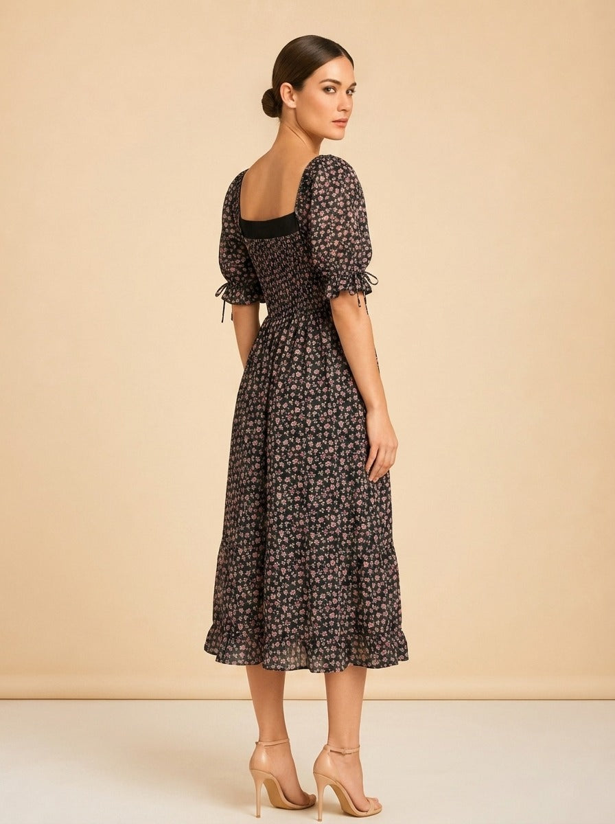 Pink & black floral dress model_over_shoulder