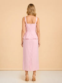 Fanm Mon Pink Embroidered Floral Linen Dress — on model, back