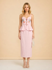Fanm Mon Pink Embroidered Floral Linen Dress — on model, front