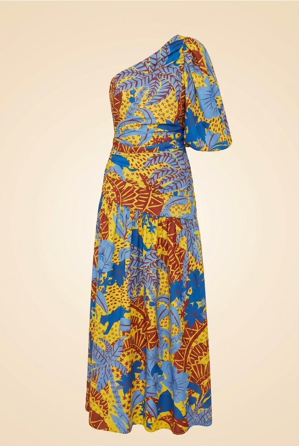 One-Shoulder Blue & Yellow Printed Maxi Dress