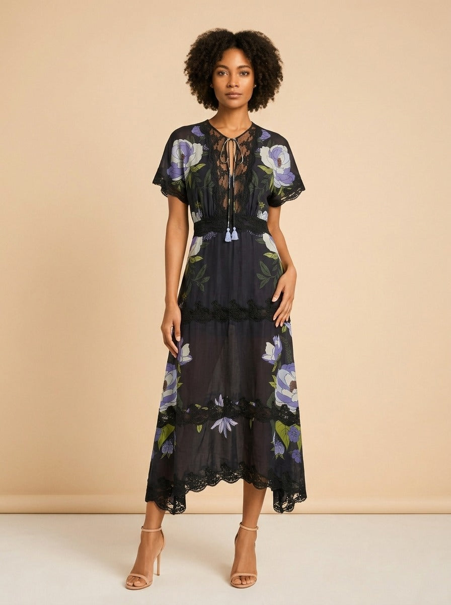 Soft Garden Black Laces Short Sleeve Maxi Dress
