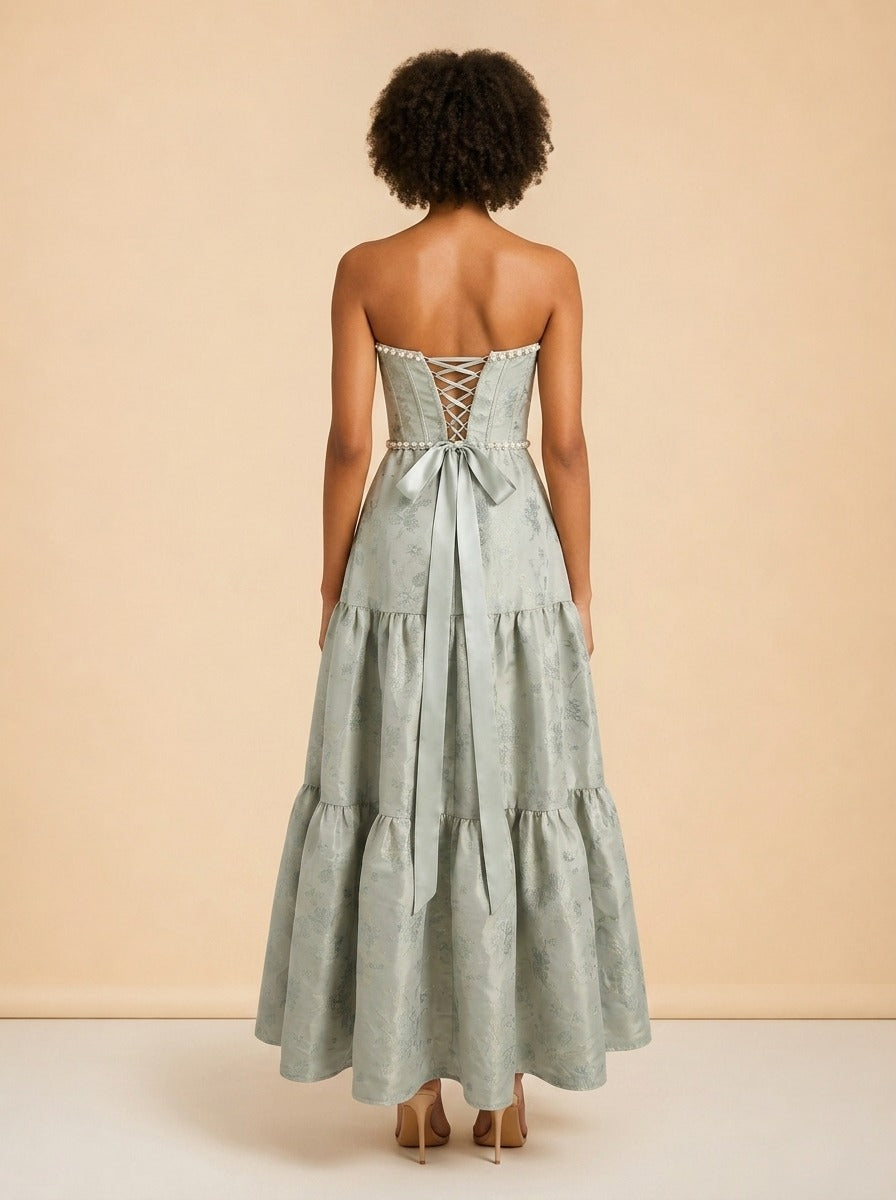 THE VIVIAN DRESS IN SAGE WINDSOR BROCADE model_back