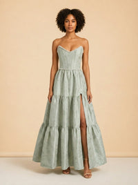 THE VIVIAN DRESS IN SAGE WINDSOR BROCADE model_front