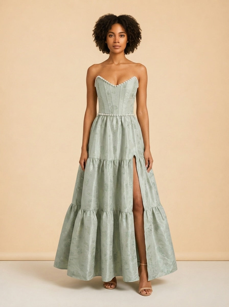 THE VIVIAN DRESS IN SAGE WINDSOR BROCADE model_front