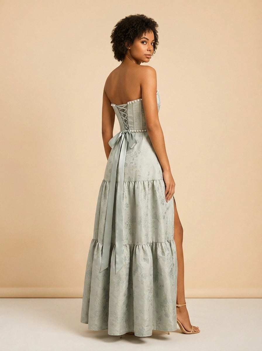 THE VIVIAN DRESS IN SAGE WINDSOR BROCADE model_over_shoulder