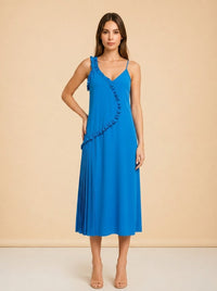 Cédric Charlier Turquoise Ruffle Slip Dress — on model, front