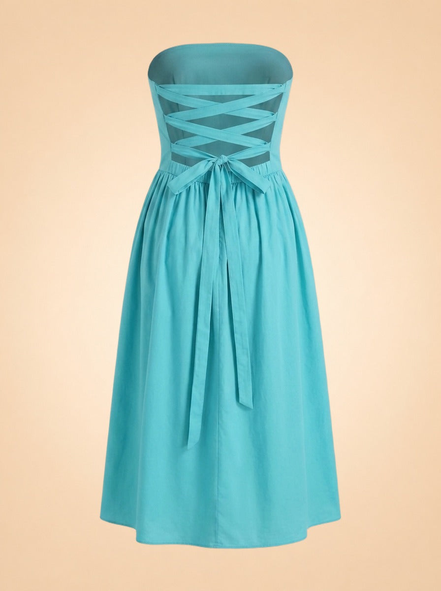 Turquoise Strapless Ruched Midi Dress