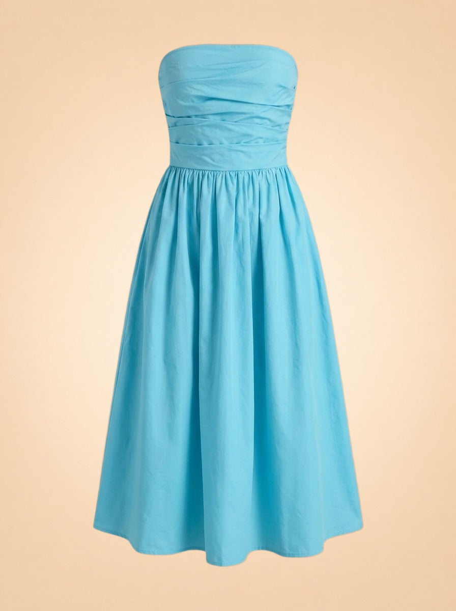 Turquoise Strapless Ruched Midi Dress