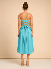 Turquoise Strapless Ruched Midi Dress