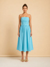 Turquoise Strapless Ruched Midi Dress