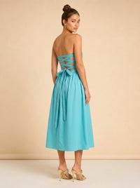 Turquoise Strapless Ruched Midi Dress