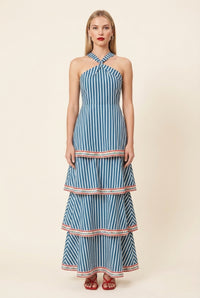 Striped Blue & White Tiered Maxi
