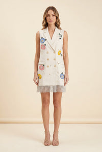 Eirinie Beaded Embroidered Vest Mini Dress Ivory Large Hawaiian Luxury