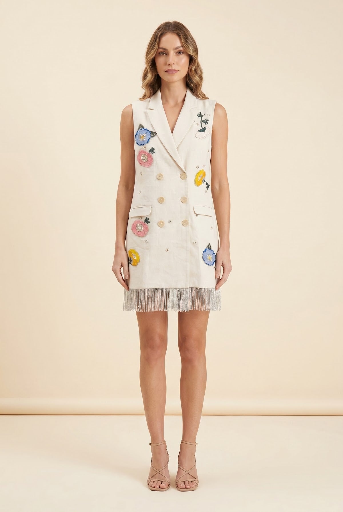 Eirinie Beaded Embroidered Vest Mini Dress Ivory Large Hawaiian Luxury