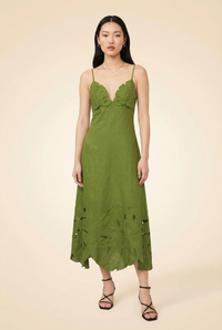 Green Monstera Embroidery Midi Dress