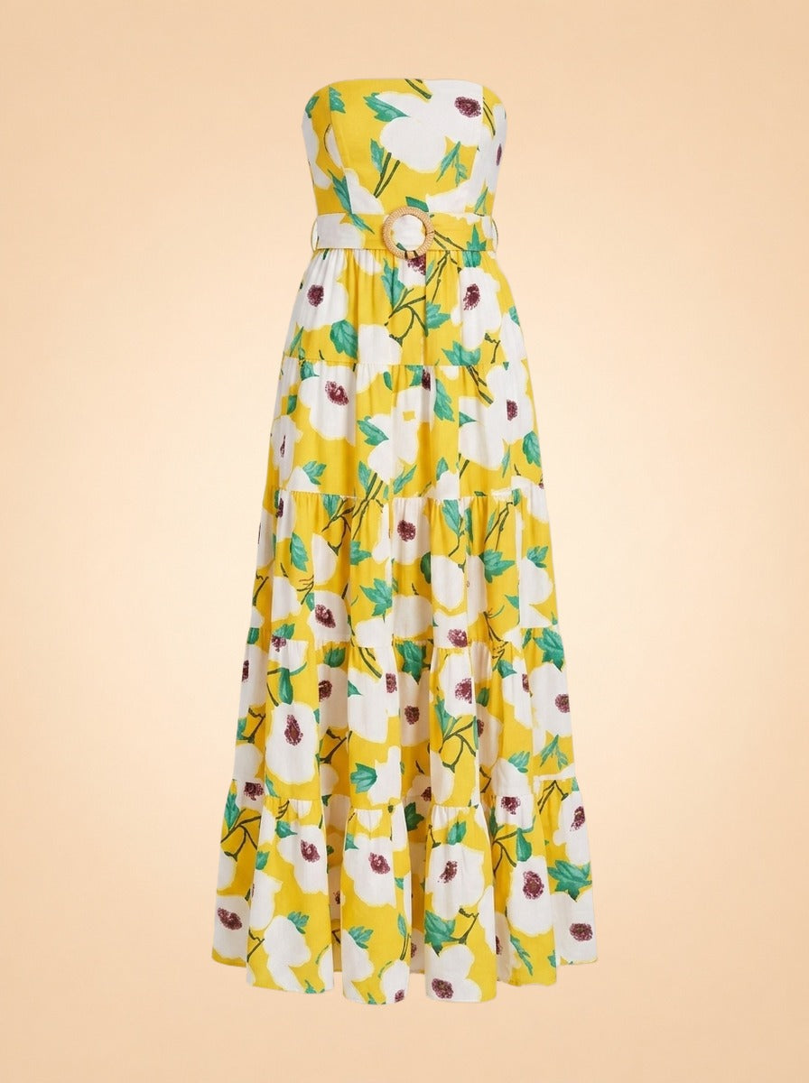 Yellow Regina Poplin Floral Tiered Maxi Strapless Dress ghost_front