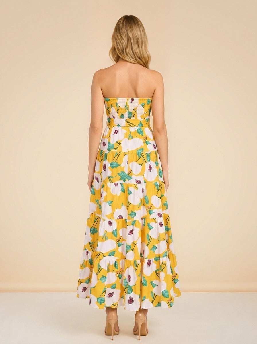 Yellow Regina Poplin Floral Tiered Maxi Strapless Dress model_back