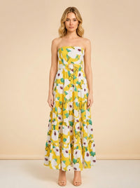 Yellow Regina Poplin Floral Tiered Maxi Strapless Dress model_front