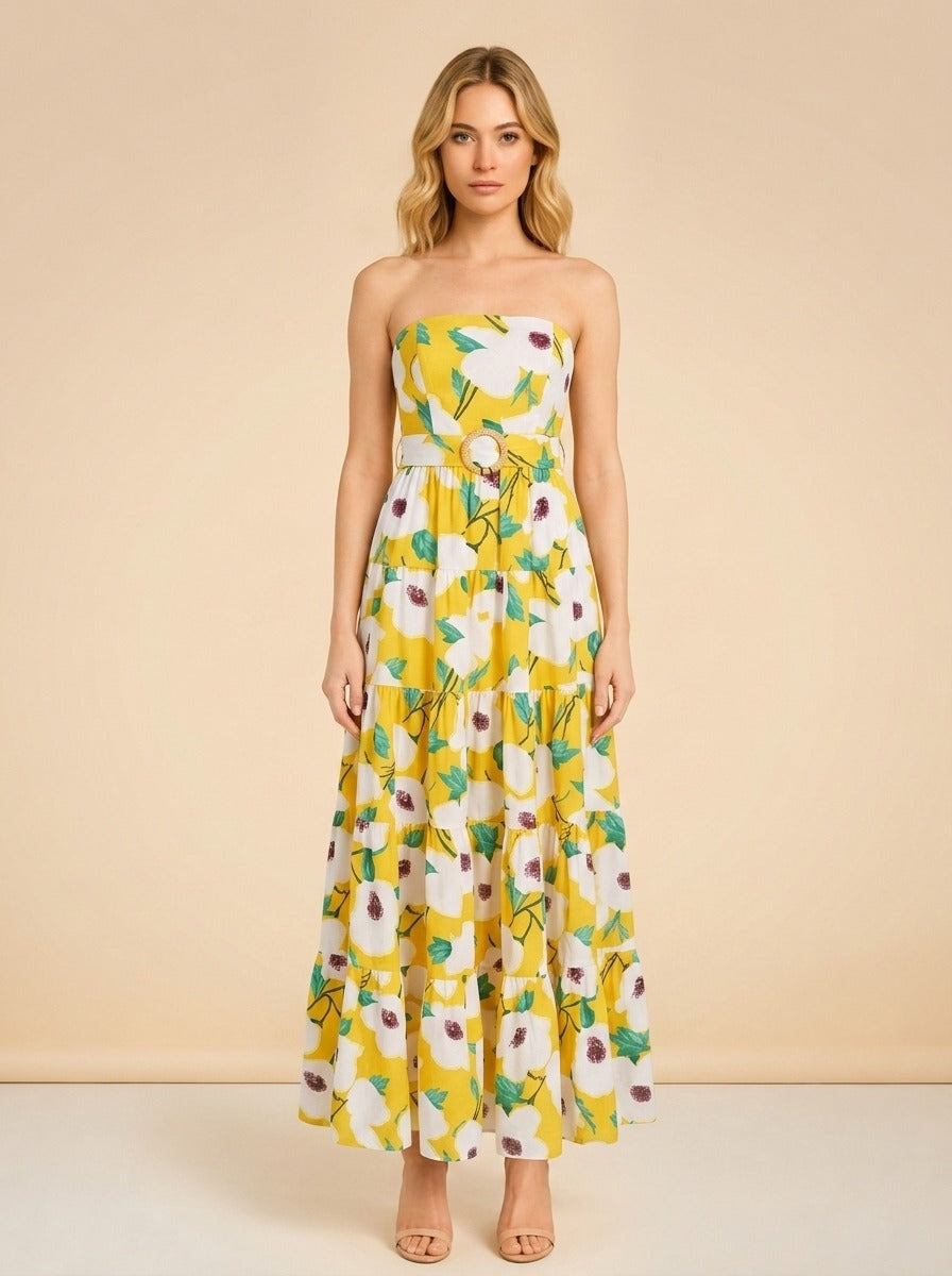 Yellow Regina Poplin Floral Tiered Maxi Strapless Dress model_front