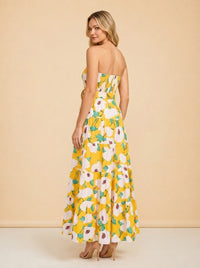 Yellow Regina Poplin Floral Tiered Maxi Strapless Dress model_over_shoulder