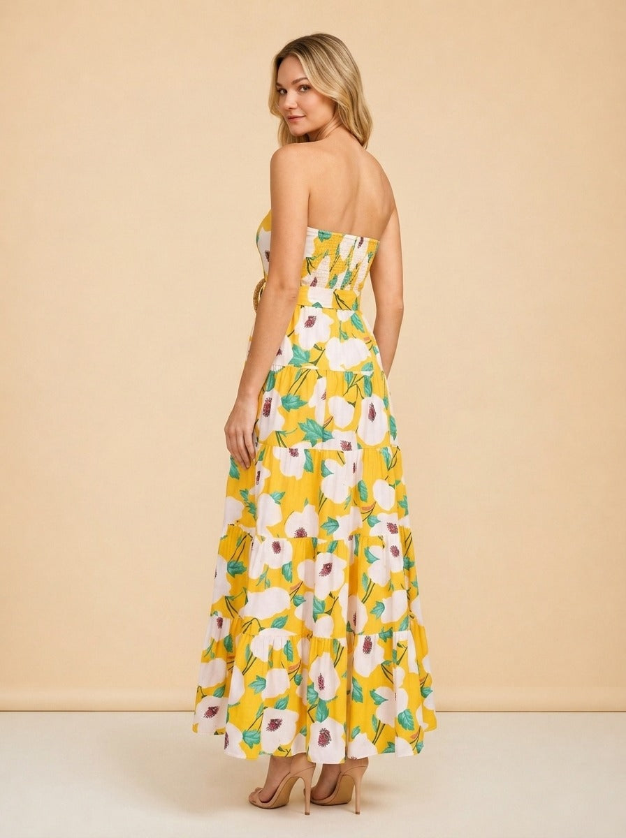 Yellow Regina Poplin Floral Tiered Maxi Strapless Dress model_over_shoulder