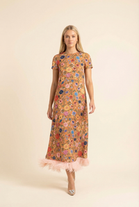 Botticelli Rust Short Sleeve Swing Dress with Feathers